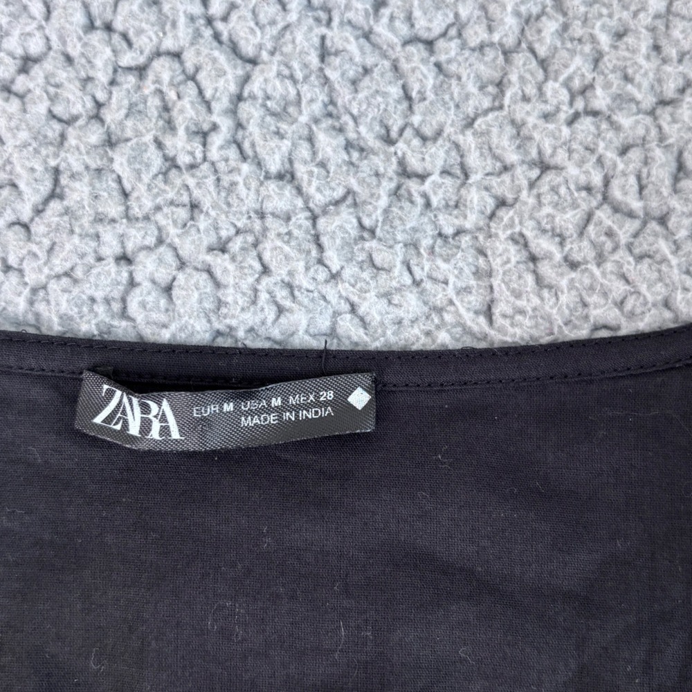 Zara Blouse Medium Black Ruched Deep V-Neck Balletcore Babydoll Cottage Chic - Picture 3 of 8